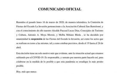 COMUNICADO OFICIAL SUSPENSIÓN FIESTAS DEL ESCUDO LA INVASIÓN 2020